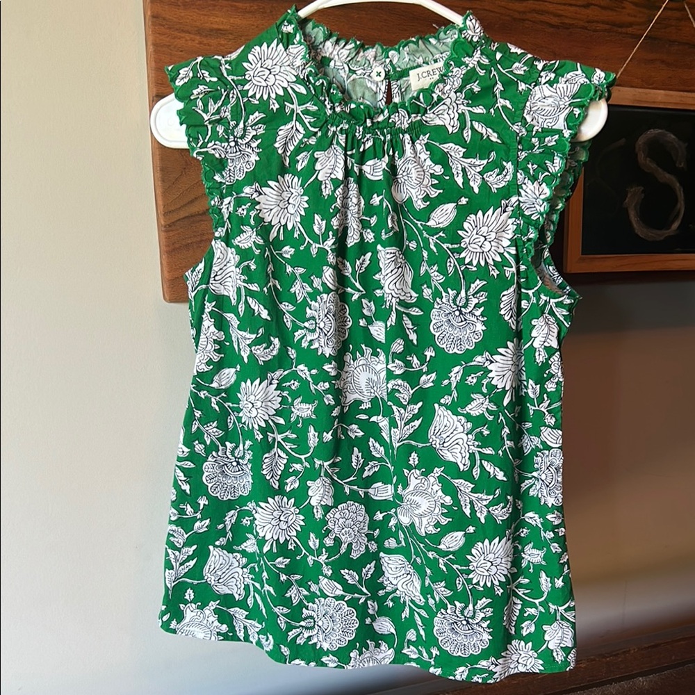 J. Crew Green and White Blouse with Peter Pan Collar and Pleated Neckline